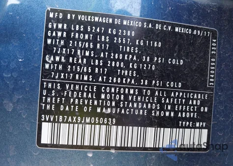 2018 Volkswagen Tiguan 2.0T S from USA, damaged, VIN 3VV1B7AX9JM050639